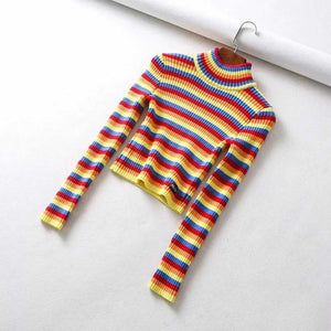 Colorful Rainbow Stripes Cropped Turtleneck Sweater Long Sleeve