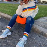 Rainbow Striped Knitted Teddy Fleece Sweatshirt Pullover Jumper