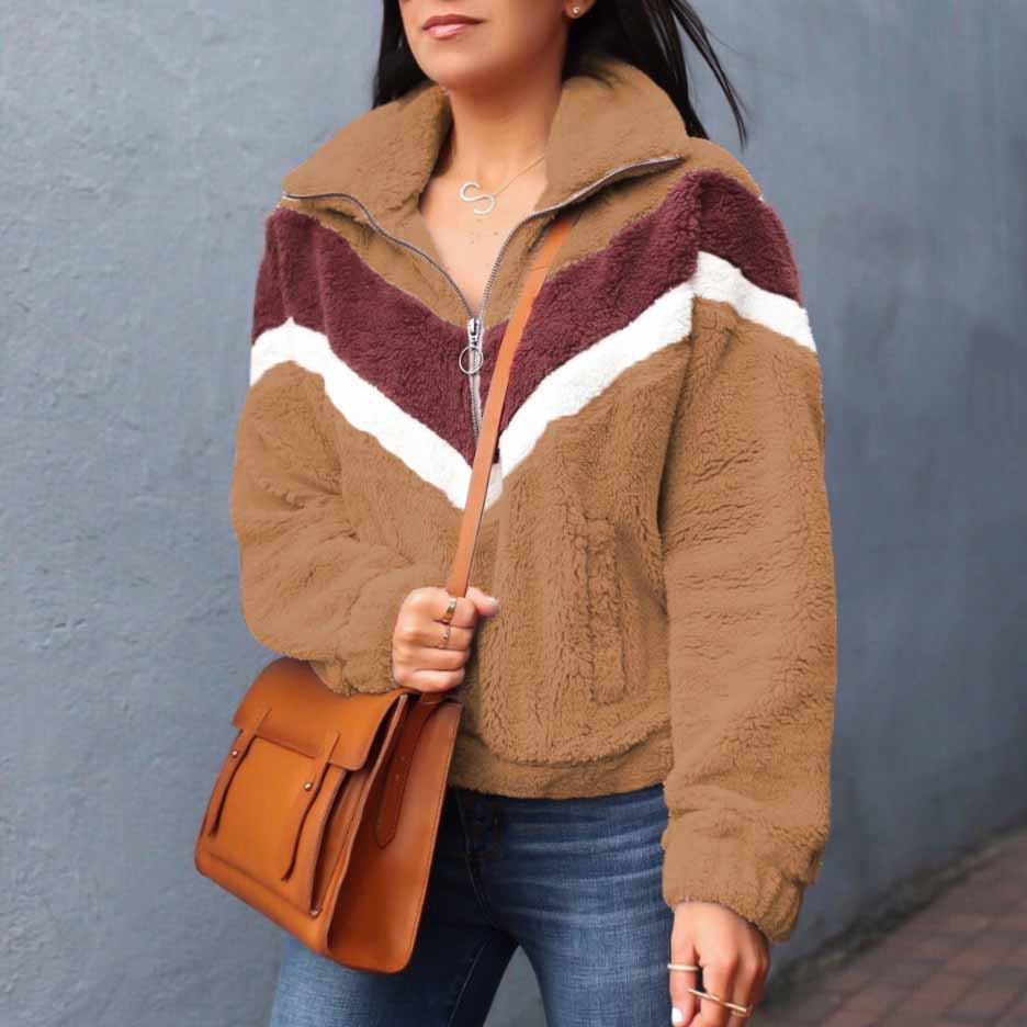 Cozy Colorblock Chevron Half Zip Faux Fur Sweatshirt Sherpa Pullover Jacket