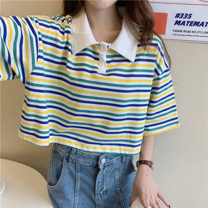 Color Block Rainbow Striped Polo Neck Crop Top T Shirt
