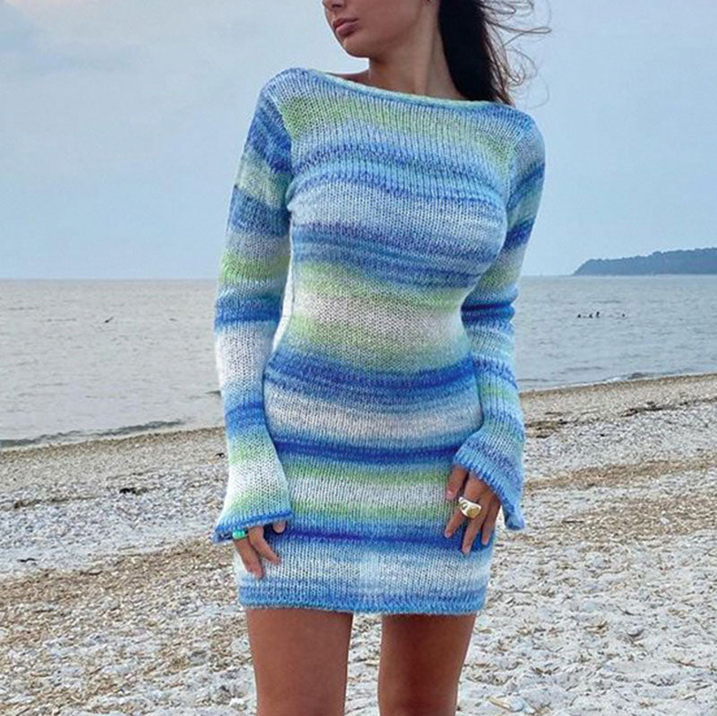 Ombre Fading Block Stripes Flare Long Sleeve Knitted Dress