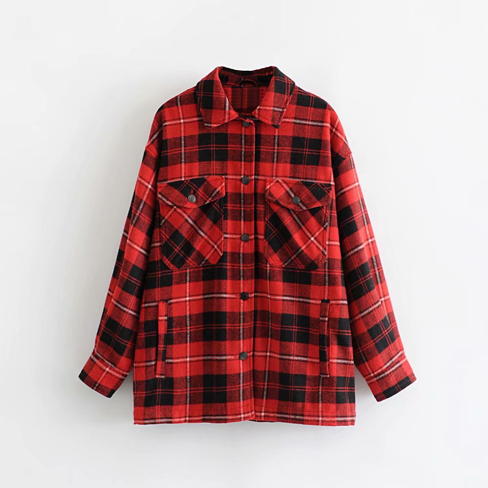 Classic Thick Colorblock Checked Button Down Shirt Jacket Woolen