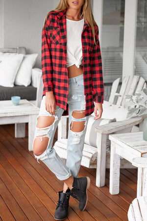 Vintage Overszied Red Black Plaid Flannel Tee Shirt Button Up