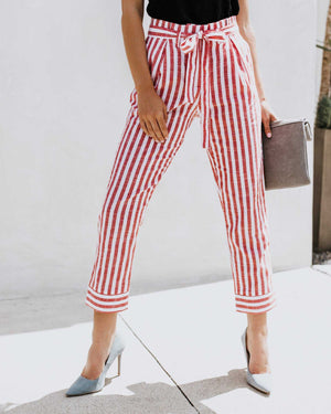 Tie Waist Belted Cigarette Trousers Striped Pants