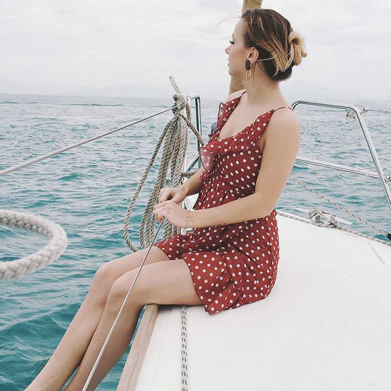 Polka Dot Deep V Neck Ruffle Hem Dress
