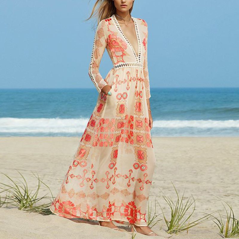 Hippie Gypsy Deep Plunging Hipster Chiffon Long Sleeve Floral Long Beach Dress