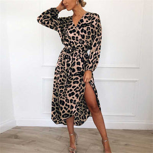 Classy Retro Asymmetric Long Sleeve Wrap Tie Leopard Midi Dress Bodycon
