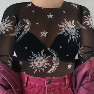 Retro Angel Cherub Printed Sheer Mesh High Neck Crop Top
