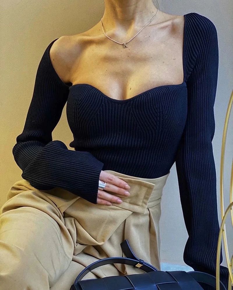 Slim Fit Ribbed Knit Long Sleeve Corset Top Shirts