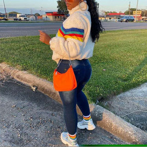 Rainbow Striped Knitted Teddy Fleece Sweatshirt Pullover Jumper