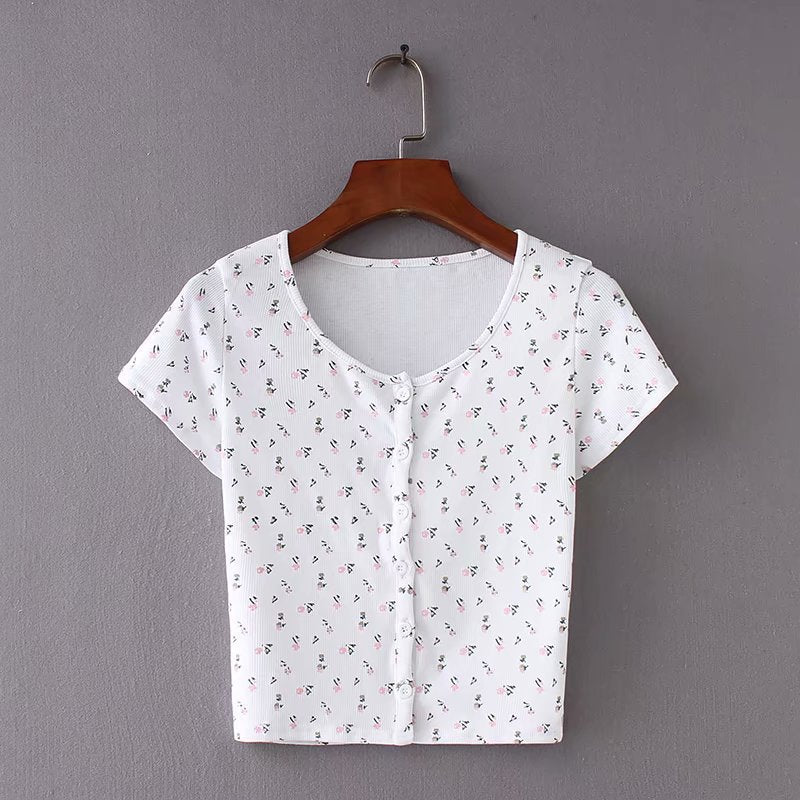 Ribbed Floral Short Sleeve Button Up Crop Top Tee Shirt
