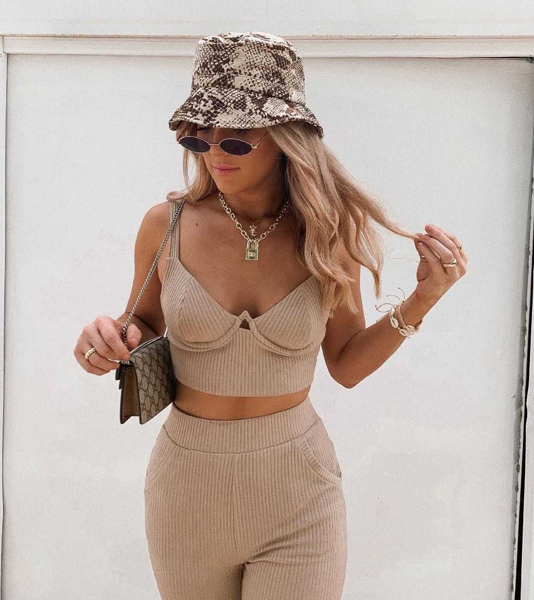 Knitted Two Piece Co ord Set Crop Top and Jogger Pant Outfit