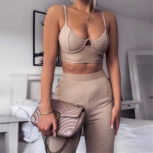 Knitted Two Piece Co ord Set Crop Top and Jogger Pant Outfit