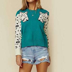 Contrast White Leopard Knit Crewneck Jumper Sweater Ribbed