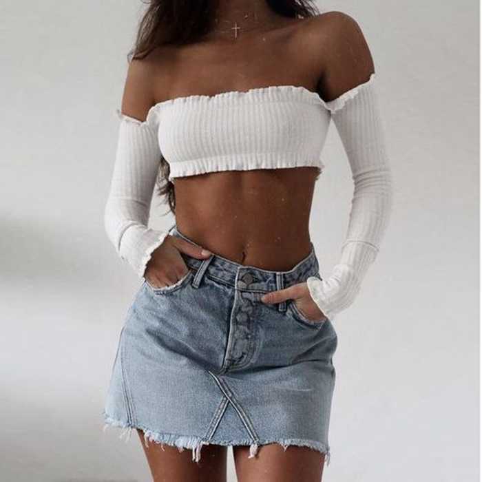 Vintage Washed Distressed Notched Light Denim Mini Skirt