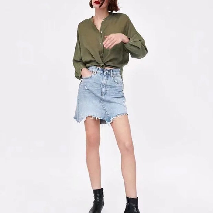 Vintage Washed Distressed Notched Light Denim Mini Skirt