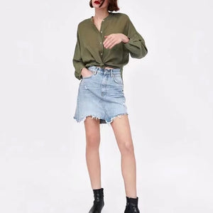 Vintage Washed Distressed Notched Light Denim Mini Skirt