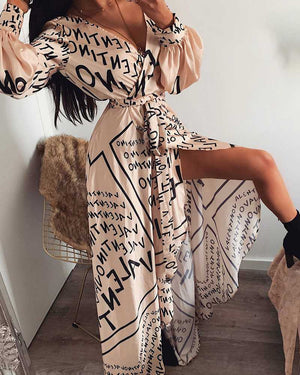Retro Festival Word Printed V Neck Long Sleeve Thigh Split Maxi Dress Gowns