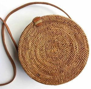 Boho Handmade Round Woven Handbag Bali Rattan Crossbody Beach Bag