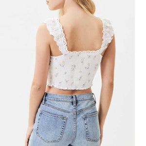 Lace Trimmed Ruffle Strap Front Tie Up Women's ruched Crop Top