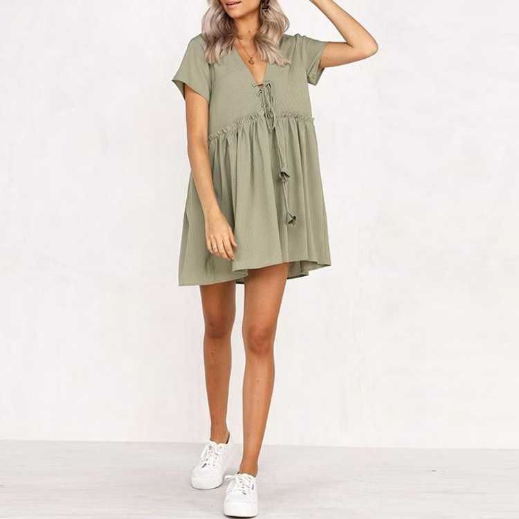 Stomach Hide Casual Deep Plunge Front Tie Shift Swing Dress