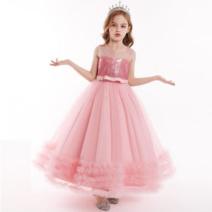 Children Pink Mesh Sequin Girls Cascade Ruffle Formal Prom Princess Ball Dresses