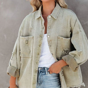 Relaxed Fit Ripped High Low Hemline Cotton Distressed Denim Jacket