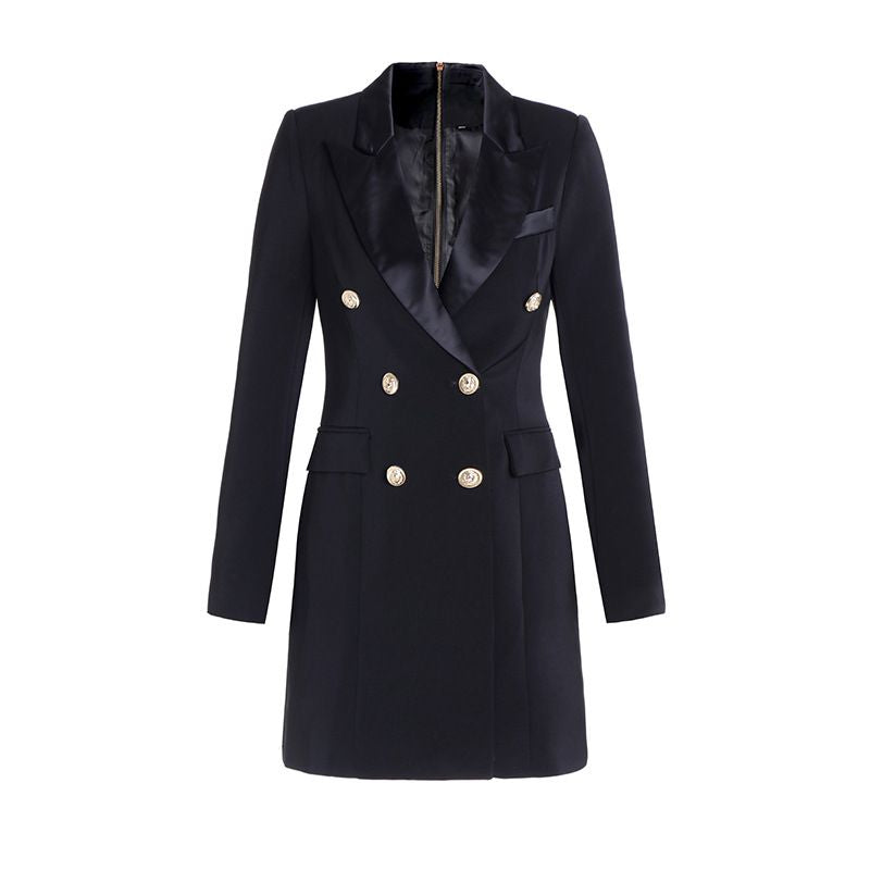 Tailored Satin Collar Blazer Dress Double Breasted Work Jacket Dress