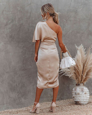Slimming Cinched One Shoulder DrapedSatin Midi Dress