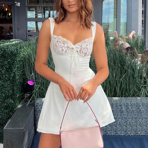 Aesthetic Silky Lace Patchwork Satin And Lace Mini Dress