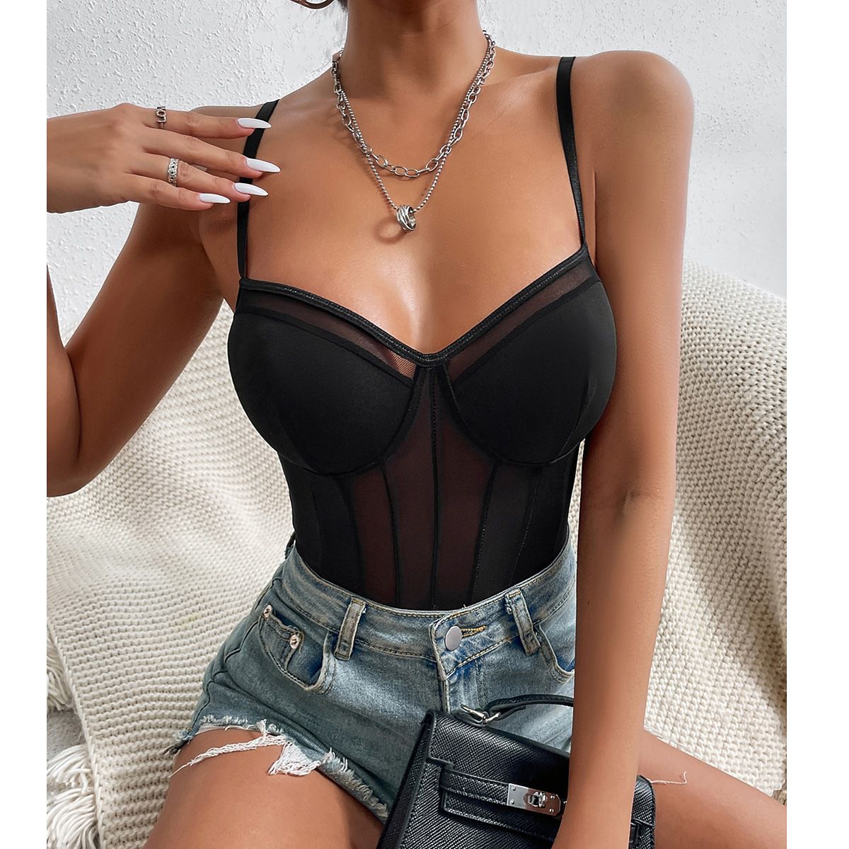 Sexy Striped Seethrough Mesh Lace Underwired Sleeveless Bodysuit