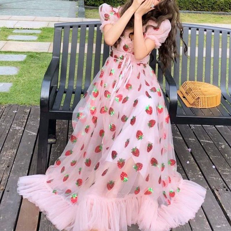 Sparkly Sequin Strawberry Midi Dress Ruffle Mesh Tulle Ball Gown – sunifty