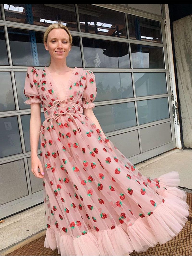 Sparkly Sequin Strawberry Midi Dress Ruffle Mesh Tulle Ball Gown sunifty Sparkly Sequin Strawberry Midi Dress Ruffle Mesh Tulle Ball Gown sunifty