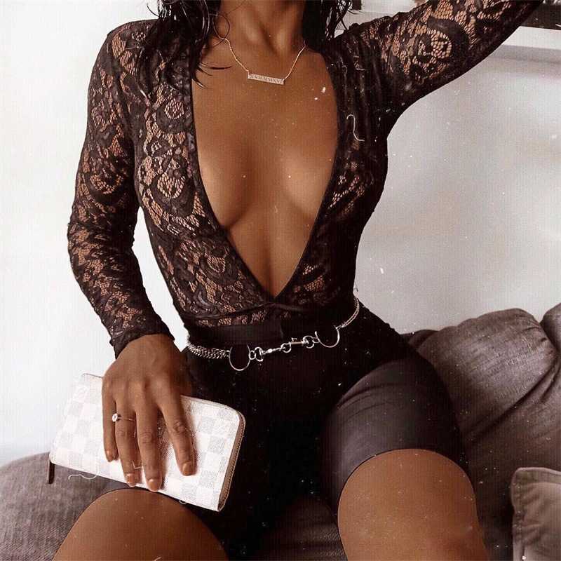 Plunge V Neck Black/ White long sleeve lace bodysuit