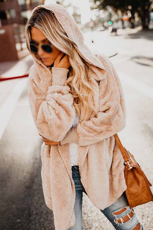 Fur Lined Faux Fur Fuzzy Long Hooded Cardigan With Pockets