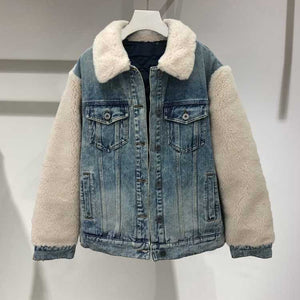 Color Block Patchwork Faux Fur Borg Sherpa Denim Jacket with Fur Colla ...