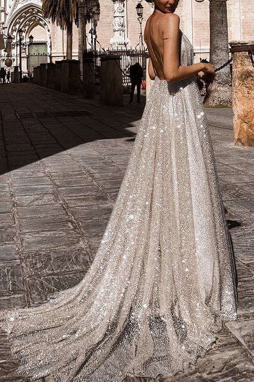 Sparkly Plunge Sequin Mesh Overlay Long Backless Prom Gown Dresses sunifty Sparkly Plunge Sequin Mesh Overlay Long Backless Prom Gown Dresses sunifty
