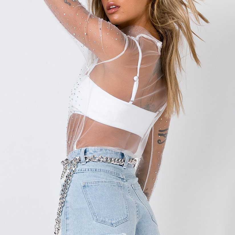 Chic Sparkle Embellished Sheer Mesh Sequin Top Tees
