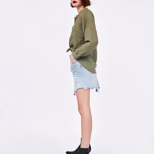 Vintage Washed Distressed Notched Light Denim Mini Skirt