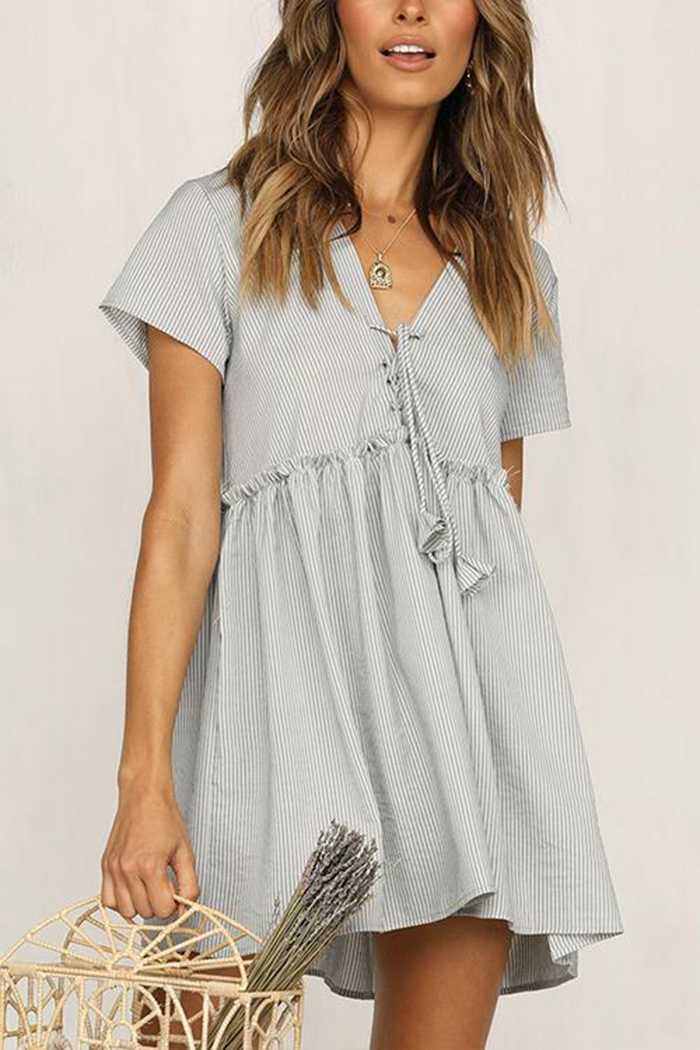 Stomach Hide Casual Deep Plunge Front Tie Shift Swing Dress