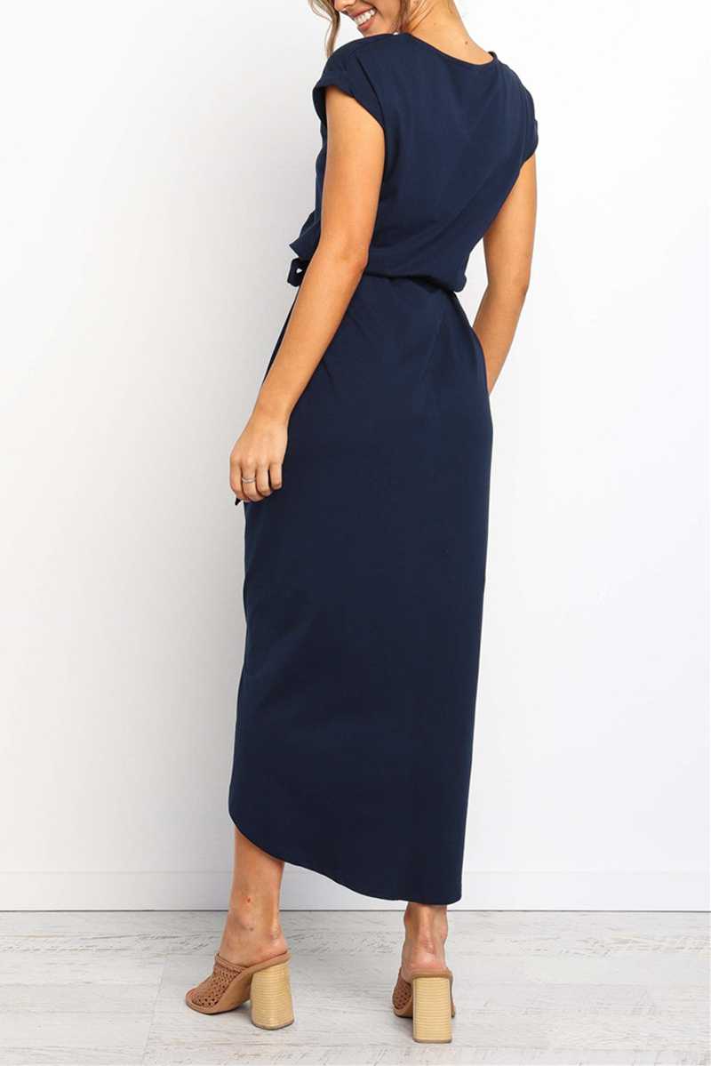 Buttons Short Sleeve Tie Waist Midi Dress With Slit