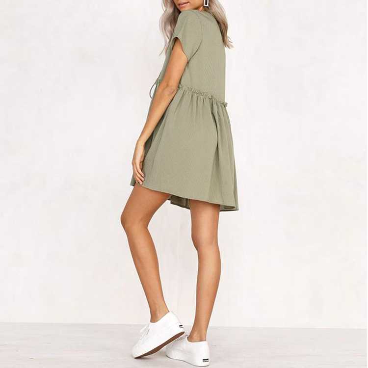 Stomach Hide Casual Deep Plunge Front Tie Shift Swing Dress