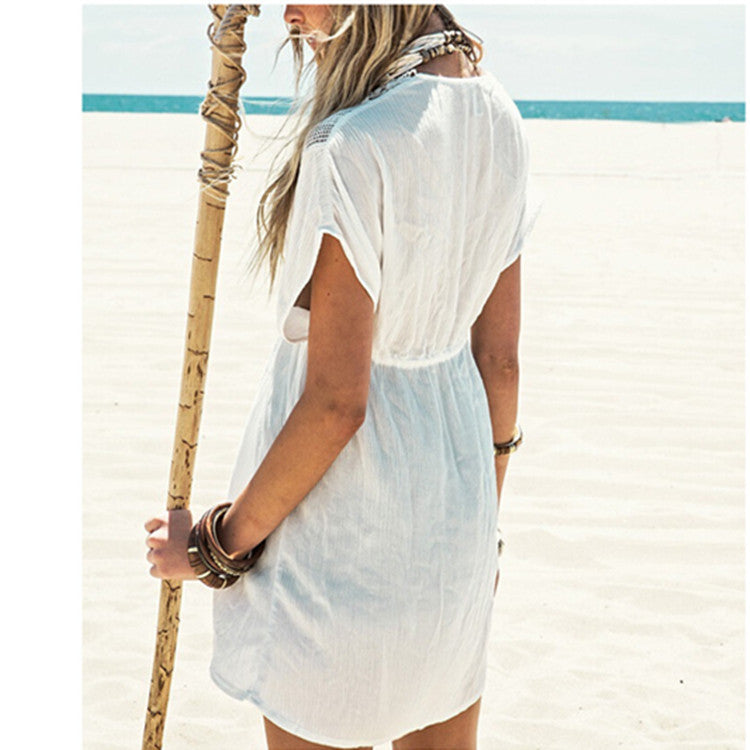Beach Trip Honeymoon Deep V Neck White Crochet Lace Beach Dress Cover Ups