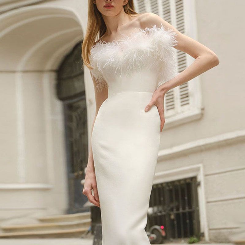 Couture White Feather Trim Cocktail Midi Strapless Dess With Feathers