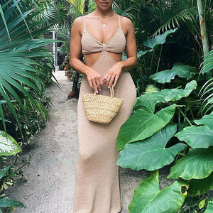 Sultry Rib Knit Side Cut Out Knotted Bandage Spaghetti Strap Sleeveless Maxi Bodycon Dress