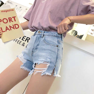 Cute Destroyed Washed Side Cut High Waisted Ripped Denim Shorts