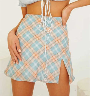 Cute A Line Checked High Thigh Split Mini Skirt For Young Women