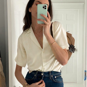 Lapel Collar Womens Short Sleeve Button Up Satin Shirts – sunifty
