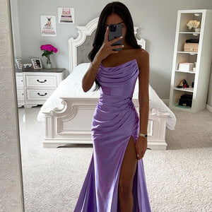 Fabulous Ruched Satin Silky Homecoming Prom Dress With Slit