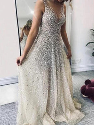 Sparklely Formal Long Silver Sequin Gown Maxi Dresses